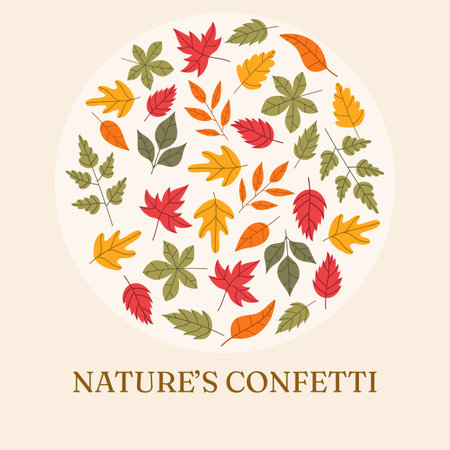 Square autumn poster featuring a circular arrangement of colorful fall leaves on a neutral...