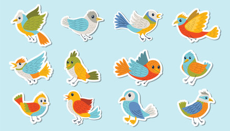 Set of colorful cartoon stickers with birds in flat style, featuring various species with bright feathers. Stickers of flying, singing and perching birds isolated on blue background.のイラスト素材