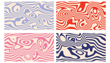 Set of four abstract backgrounds featuring wavy, fluid, organic striped textures. Smooth flowing lines create a modern, dynamic look. Ideal for posters, digital art, packaging, or branding visuals.のイラスト素材
