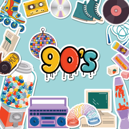 Cartoon flat style banner with 90s retro mood, framed with stickers like boombox, candy machine, CD, vinyl and disco ball. Bright and funky layout ideal for creative posters and playful projects.のイラスト素材