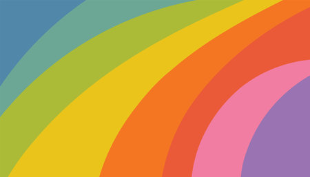 Colorful striped rainbow background in flat cartoon style with smooth diagonal bands in bright cheerful hues. A joyful and vibrant design perfect for playful themes and kids projects.のイラスト素材