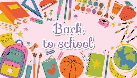 Playful Back to School poster for girls with girly school supplies. Paints, books, pink backpack and pencils, framing the text on soft pastel pink background. Cheerful cartoon flat style design.のイラスト素材