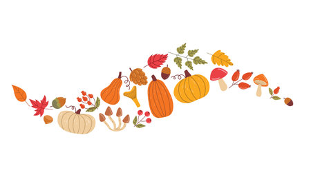 Cute autumn pumpkins, leaves, mushrooms, and berries in wave arrangement in cartoon flat style. Cozy seasonal composition perfect for fall decor, fabric, wrapping, cards, and Thanksgiving themes.のイラスト素材