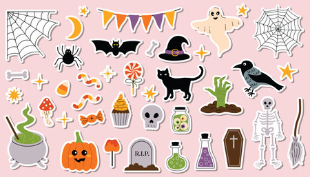 Set of Halloween sticker in flat cartoon style with skeleton, candy, spider web, zombie hand, cauldron, and black cat. Fun spooky design perfect for kids, decor, scrapbooking, and party crafts.のイラスト素材