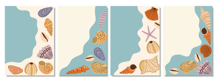Set of four posters with different sea shell and liquid blob frame in flat cartoon style. Modern marine design perfect for summer decor, kids' rooms, prints, cards, and ocean-themed projects.のイラスト素材
