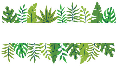 Horizontal card with leafy border in tropical flat cartoon style. Jungle frame of green branches suits creative layouts, nature promotions, and print templates.のイラスト素材