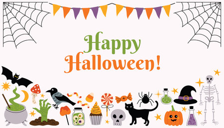 Cute Happy Halloween horizontal greeting poster or card with cartoon border of spooky elements like pumpkin, web, cauldron, candies, cake, crow, zombie hand, bat, and more in flat playful style.のイラスト素材