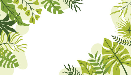 Flat cartoon style horizontal card framed in corners with tropical leaves and branches, and organic shapes. Great for summer sale flyers, vacation ads, or botanical prints.のイラスト素材