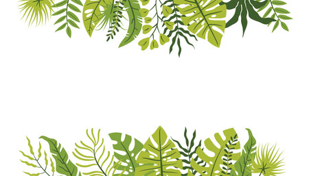 Flat cartoon border of palm leaves and exotic foliage decorates a horizontal poster. A cheerful, lush design for beach, vacation, or tropical print needs.のイラスト素材