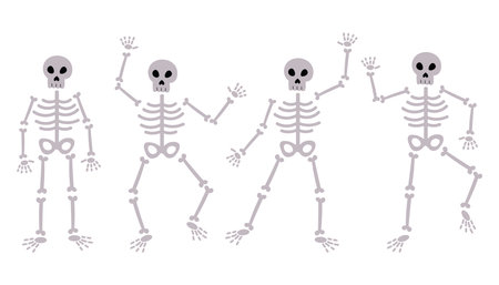 Cute happy Halloween set of standing and dancing skeletons in various fun poses. Flat cartoon style with joyful expressions. Perfect for kids party designs, decor and spooky celebration themes.のイラスト素材