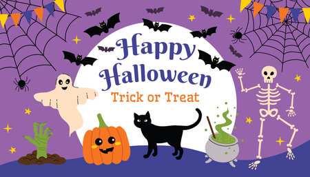 Funny Halloween card with moon and bats, ghost, black cat, skeleton, cauldron, pumpkin and web on purple backdrop. Flat cartoon style, colorful spooky elements for seasonal greeting designs.のイラスト素材