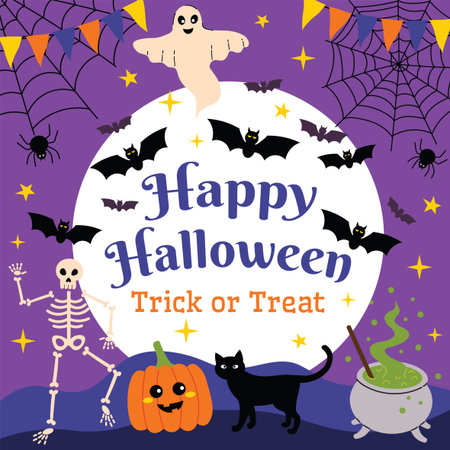 Cute Happy Halloween card with big white moon, bats, spider web, pumpkin, ghost, black cat, skeleton and cauldron on dark purple background. Festive spooky design in flat cartoon style.のイラスト素材