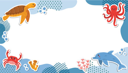 Cute rectangular frame with sea animals like turtle, dolphin, octopus, crab in flat cartoon style. Organic shapes, soft colors and sticker look, perfect for kids designs, cards and decoration.のイラスト素材