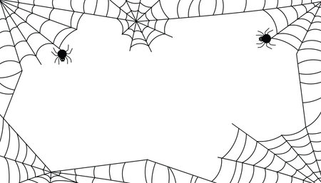 Halloween frame with black spider web and spiders on white background. Hand drawn border with empty center for text, invitation, or greeting. Spooky simple design for seasonal decor.のイラスト素材