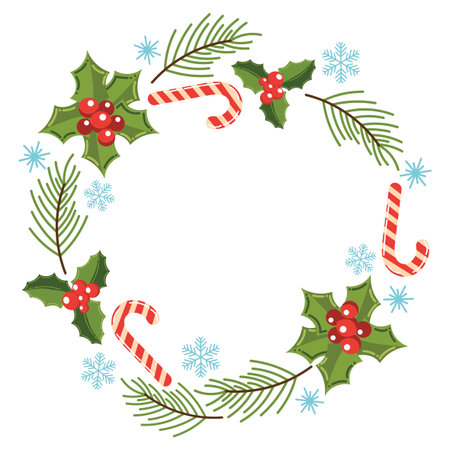 Round Christmas wreath with holly berries, spruce branches, candy canes, and snowflakes. Cute flat cartoon style. Ideal for festive cards, frames, labels, and holiday design.のイラスト素材