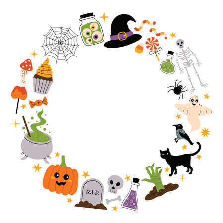 Round Halloween frame with spooky elements: pumpkin, cauldron, candy, zombie hand, witch hat, spiders and more. Fun cartoon flat style for holiday design, invitation, or greeting layout.のイラスト素材