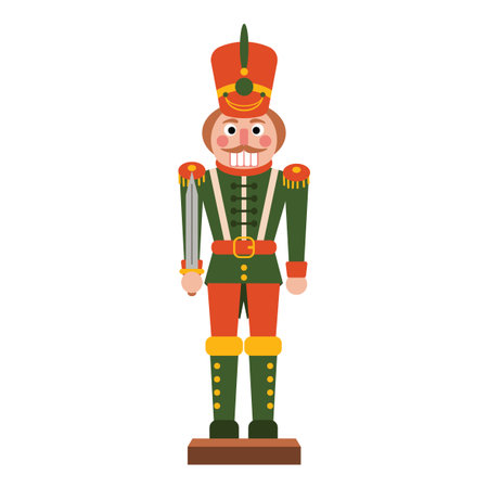 Christmas nutcracker toy soldier with sword in bright uniform. Traditional cartoon flat style. Great for festive cards, winter prints, gift wrap, holiday designs, and seasonal decorations.のイラスト素材