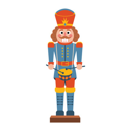 Christmas nutcracker toy soldier with drum in festive uniform. Traditional flat cartoon style. Perfect for holiday cards, decor, prints, packaging, and seasonal design projects.のイラスト素材