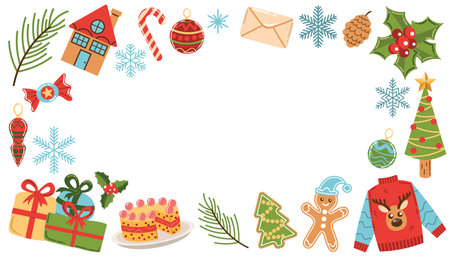 Festive cartoon style Christmas frame with gingerbread, snowflake, fir branch, ornament, holly berry, gifts, ugly sweater and cake, perfect for holiday cards, invitations and winter decorations.のイラスト素材