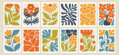 Collection of Y2K groovy posters with floral elements in Matisse style, flat cartoon art, colorful abstract shapes and playful retro vibe for modern design, wall art and creative compositions.のイラスト素材