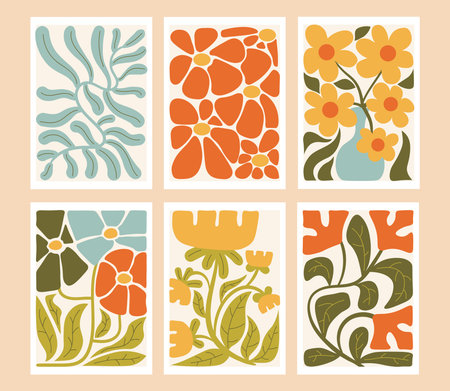 Set of groovy Y2K style posters with Matisse inspired flowers in flat cartoon design, bright retro colors and bold organic shapes for trendy creative decoration and modern graphic projects.のイラスト素材
