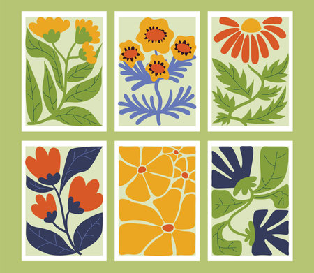 Groovy Y2K posters set featuring Matisse style flowers, vibrant colors and abstract organic shapes in flat cartoon style for trendy graphic design, decor, backgrounds and modern art projects.のイラスト素材