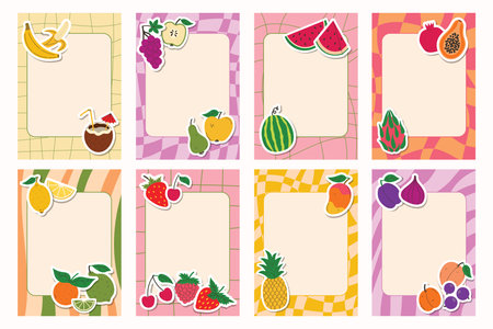 Groovy style notebook page with colorful frame and fruit sticker in flat cartoon design. Fun decorative layout for scrapbooking, journaling, stationery, planner and paper creative projects.のイラスト素材