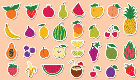 Set of colorful fruit stickers in flat cartoon style. Bright and playful icons for summer, food, healthy eating, digital design, scrapbooking, children projects, and decorative creative art.のイラスト素材
