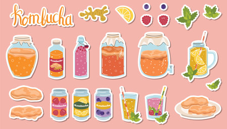 Kombucha stickers set with bottles, glasses and cans in flat cartoon style. Fermented tea drink in assorted flavors, ginger, mint, lemon, raspberry, blueberry. Healthy probiotic beverage icons.のイラスト素材