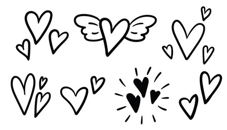 Hand drawn heart doodle set. Happy Valentines elements. Cute love illustration for card, poster, sticker, scrapbook, invitation, packaging, web, or romantic decoration design project.のイラスト素材