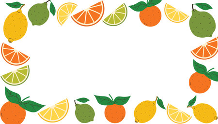 Rectangular frame of citrus fruits like lemon, lime, orange with leaves and wedges in flat cartoon style. Bright fruity border for card, poster, packaging, label, invitation, or food design project.のイラスト素材