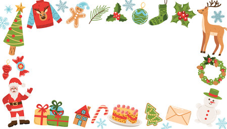 Christmas rectangle frame with Santa Claus, tree, candy cane, snowflake and gingerbread in flat cartoon style. Cute festive border for greeting card, poster, invitation or holiday design.のイラスト素材