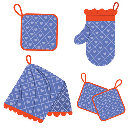 Set of blue potholder, baking glove, kitchen towel with checkered texture, hearts and red fringe in flat cartoon style. Cute kitchen accessory for cooking, baking, printing, or home decor design.のイラスト素材
