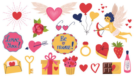 A set of Valentine's Day elements with hearts and Cupid, gift boxes and a rose, balloons and a ring, chocolate and champagne. Stickers - love you and be mine. Set of symbols of holiday and love.のイラスト素材