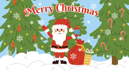 A horizontal Christmas card with happy Santa Claus with a sack of gift boxes, standing against a Christmas trees and falling snowflakes. Large red lettering on the card reads Merry Christmas.のイラスト素材