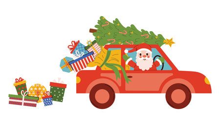 Cheerful Santa Claus waving from red car with Christmas tree and gift boxes falling from sack in cozy flat cartoon style. Perfect for Christmas design, card, decoration, or joyful winter artwork.のイラスト素材