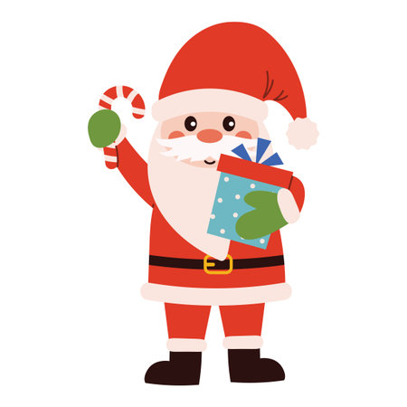 A cheerful Santa Claus with a beard, mustache, and a red cap with a pom-pom holds a candy cane and a gift. A Christmas character. A symbol of Merry Christmas.のイラスト素材