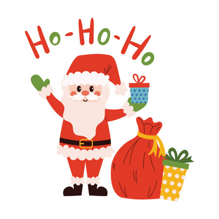Joyful Santa Claus saying ho-ho-ho, holding a gift and a sack of presents in bright flat cartoon style. Cheerful Christmas illustration for holiday greeting, print, card or winter decoration.のイラスト素材