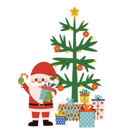 Happy Santa Claus near decorated Christmas tree with toys and gift boxes under it in flat cartoon style. Festive joyful composition, illustration for greeting, print, sticker, web, or holiday design.のイラスト素材