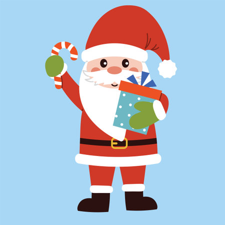 Funny Santa Claus with candy cane and present in hand, wearing red hat with pom-pom on blue background. Flat cartoon Christmas symbol for design, postcard, greeting, or winter celebration artwork.のイラスト素材