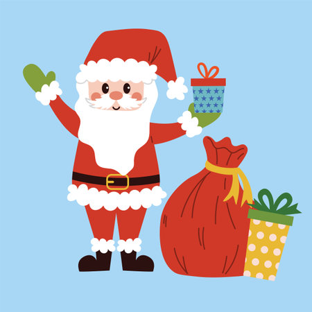 Cute Santa Claus with gift and sack of presents on blue background. Fun flat cartoon illustration for Christmas design, festive greeting, winter decoration, postcard or print project.のイラスト素材