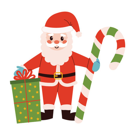 Cheerful Santa Claus with beard, mustache and red cap holds huge candy cane and gift. Cute Christmas character in flat cartoon style, perfect for holiday greeting, print, or festive decoration.のイラスト素材