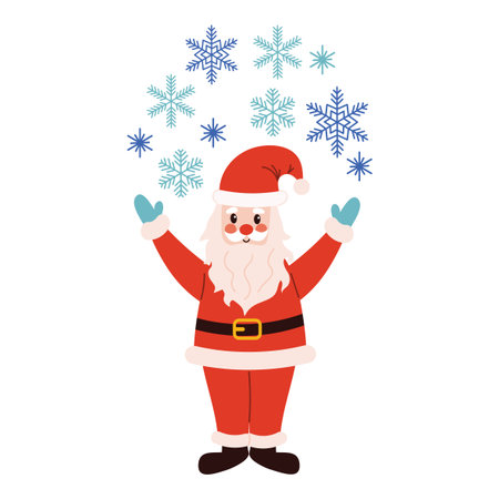 Funny Santa Claus in red pom-pom hat scatters snowflakes. Cute Christmas symbol in flat cartoon style, perfect for winter card, festive greeting, print, sticker, or joyful holiday decoration.のイラスト素材