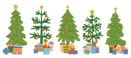 Set of decorated Christmas tree with toys and gift boxes under it in flat cartoon style. Cozy festive illustration for greeting, print, card, sticker, web, or winter holiday design project.のイラスト素材