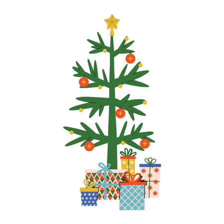 Cute flat cartoon Christmas tree with gift boxes. Bright holiday composition for card, print, sticker, web, packaging, or winter design with cozy and cheerful festive atmosphere.のイラスト素材