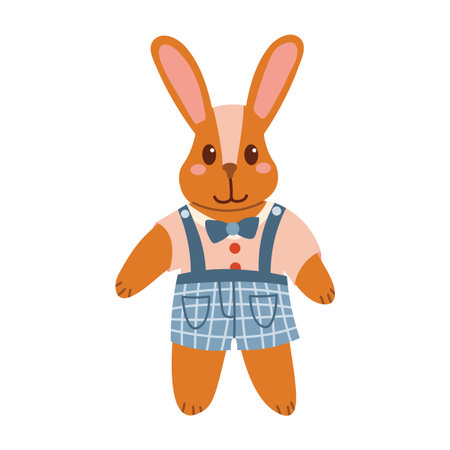 Cute plush bunny with a bow tie, dressed in a T-shirt and blue plaid pants, drawn in flat cartoon style. Adorable soft toy character perfect for kids design, stickers, prints, and holiday decor.のイラスト素材