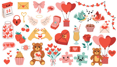 Set of cute cartoon elements for Happy Valentines Day with hearts, angel wings, gifts, teddy bears, roses, birds, candies, cupcake, milk cocktail and balloons. Bright flat style perfect for cards.のイラスト素材