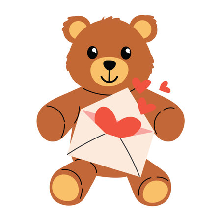 Cute teddy bear holding a Valentines note with heart smalls around. Soft cartoon style perfect for love cards, stickers, kids designs and sweet holiday decorations with warm romantic mood.のイラスト素材