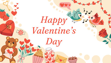 Happy Valentines Day horizontal card with organic halftone frame, festive text and cute holiday elements like hearts, gifts, teddy bear, roses, singing birds, candies, cupcake, heart jar and more.のイラスト素材