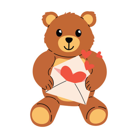 Adorable teddy bear with a Valentines note and floating hearts in cute cartoon flat style. Ideal for greeting cards, stickers, scrapbook elements and charming romantic craft projects.のイラスト素材